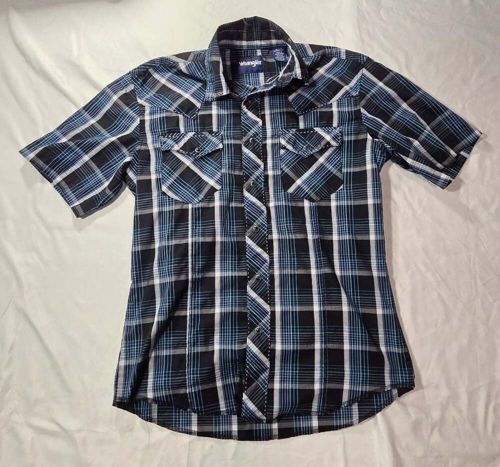 Wrangler Men's Black Blue Plaid Short Sleeve Western Snap Shirt Size S